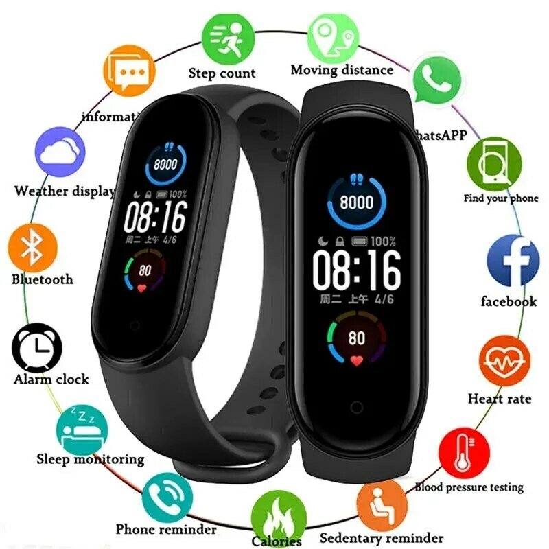 M5 relógio inteligente com tela colorida, passo contando, multi modo esporte, lembrete de mensagem, fotografia, música, controle remoto Smart Band