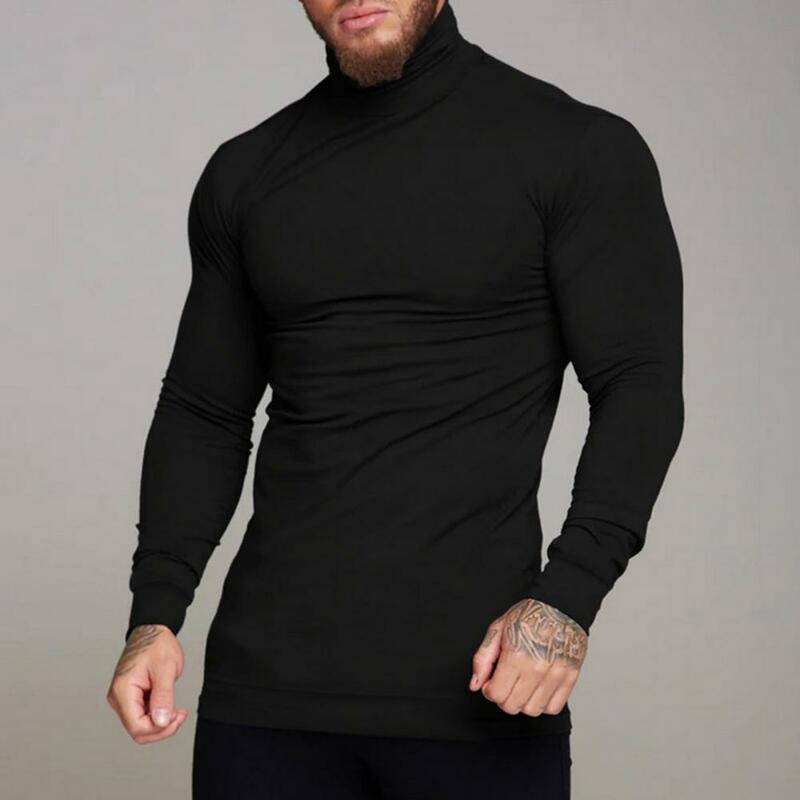 Sweater rajut lengan panjang pria, atasan Pullover panjang elastis, warna polos rajut tebal pelindung leher tinggi, musim gugur, musim dingin