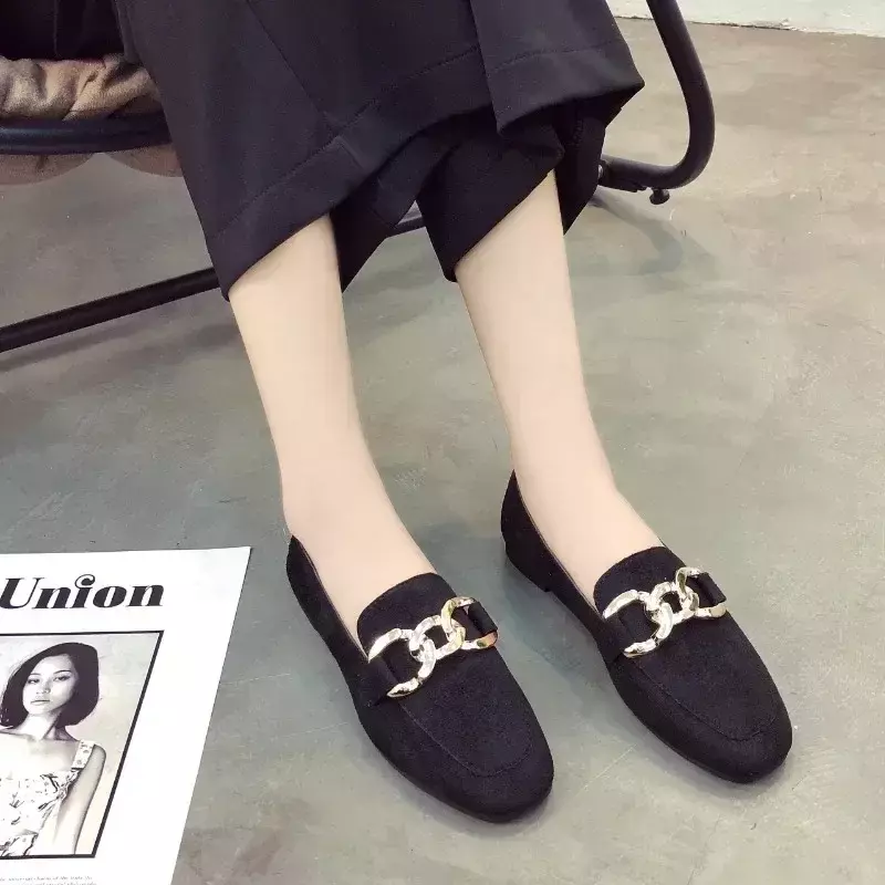 Fashionable Solid Color Women's Flat Shoes Metal Decorated Slip-On Loafers Square Toe Versatile Women's Flat Shoes Large Size