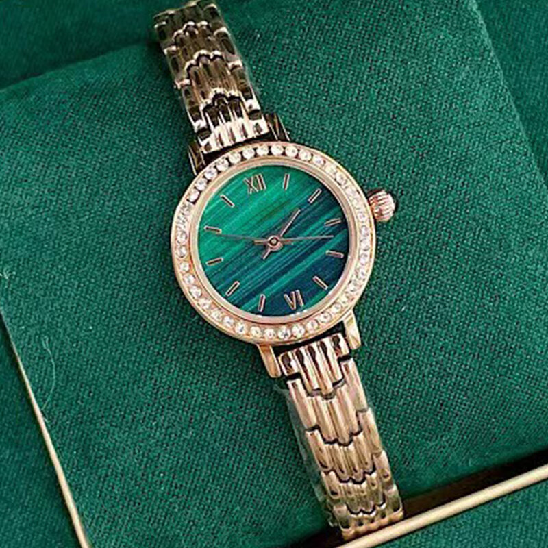 Tudo-em-um relógio de quartzo com mostrador verde para mulheres, pulseira de aço, diamante caso, luxo, designer, ouro, novo, moda, 2024