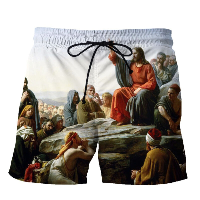 3d chrześcijańska wiara Jesus nadrukowane krótkie spodnie męskie damskie letnie fajne spodenki plażowe gorąca wyprzedaż za duże kąpielówki uliczne