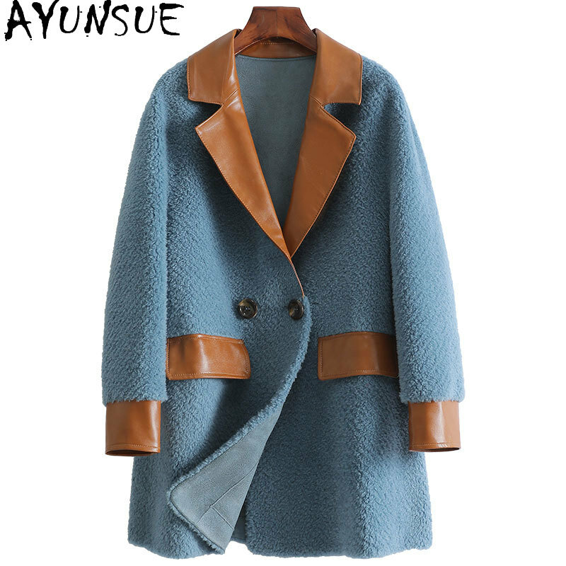 AYUNSUE-abrigo de lana para mujer, chaquetas de piel de retazos de longitud media, moda coreana, primavera y otoño, Zm913