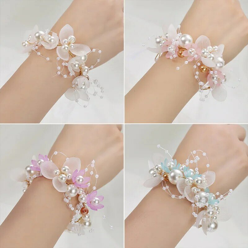 Pearl Crystal Wrist Flower para crianças, dama de honra Corsage, Mão Flor, Casamento, Linda Noiva Pulseiras De Casamento, Meninas Jóias