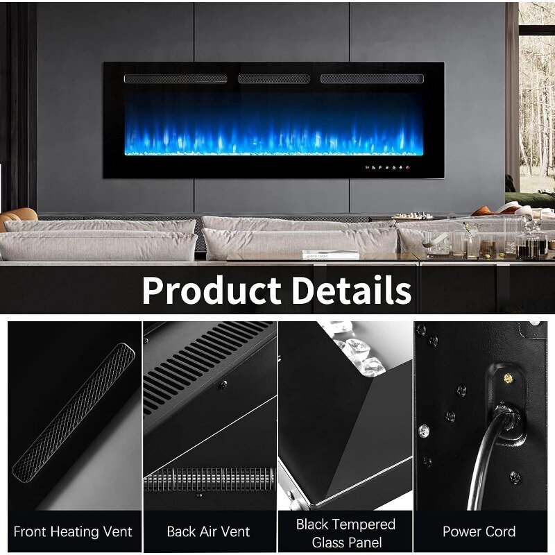 oneinmil Electric Fireplace, 50 inch Wide Recessed/Wall Mounted Electric Fireplace, Remote Control with Timer