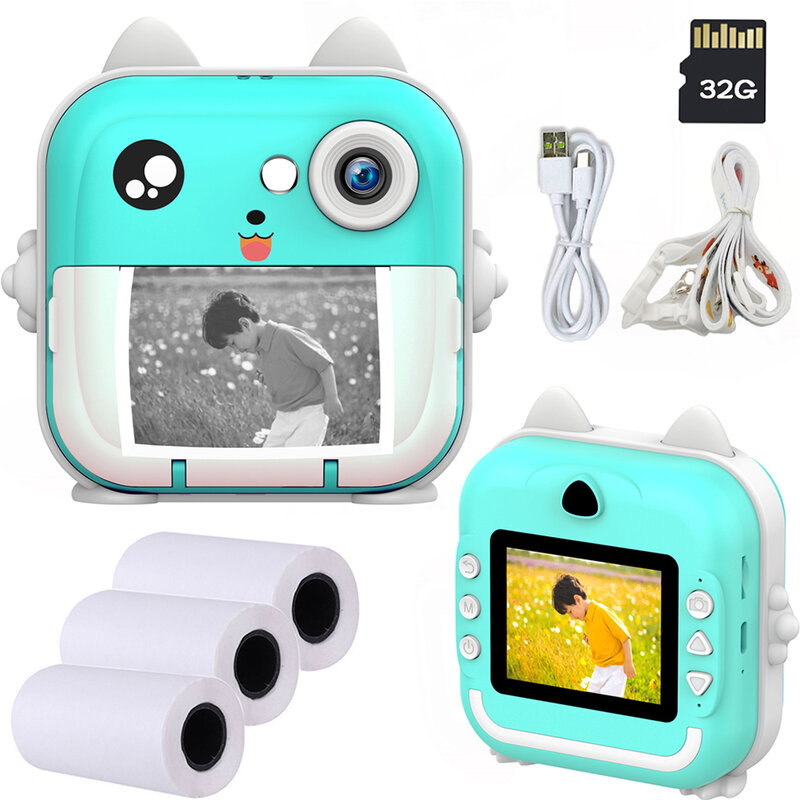 Mini Câmera de Vídeo Digital para Crianças, Câmera fotográfica de impressão instantânea, Zero Ink Print Paper, Cartão 32G TF, Brinquedos Educativos Presente