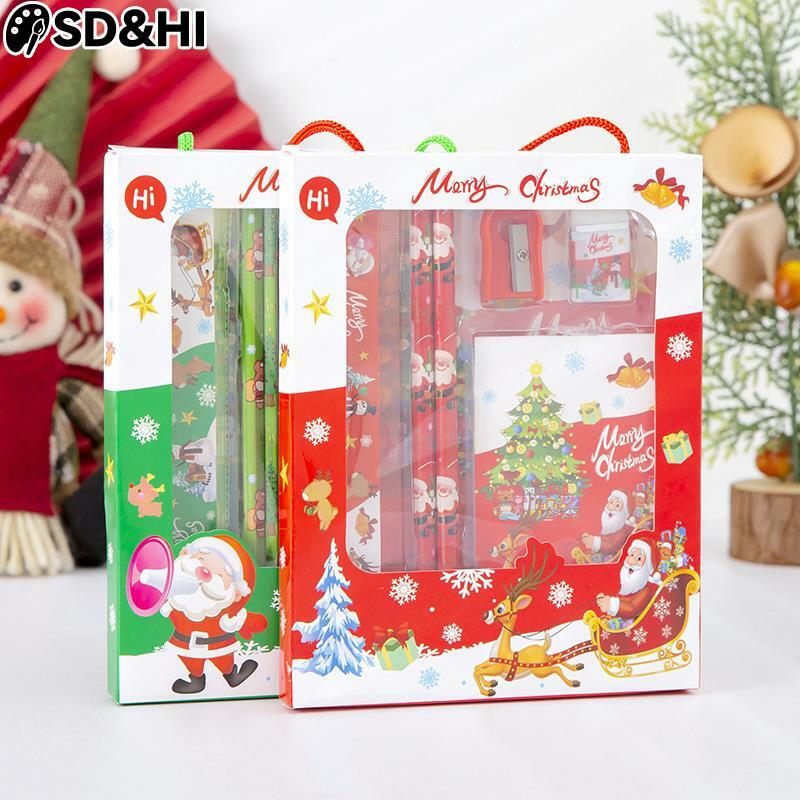 Christmas Stationery Set Ruler Pencil Eraser Pencil Knife Notepad Kit School Supplies Student Xmas Gifts Back To School Gift