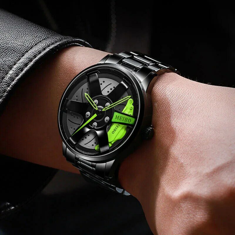 Reloj deportivo de acero inoxidable para hombre, cronógrafo de cuarzo y cuero con cubo de rueda de coche, estilo militar, novedad de 2024