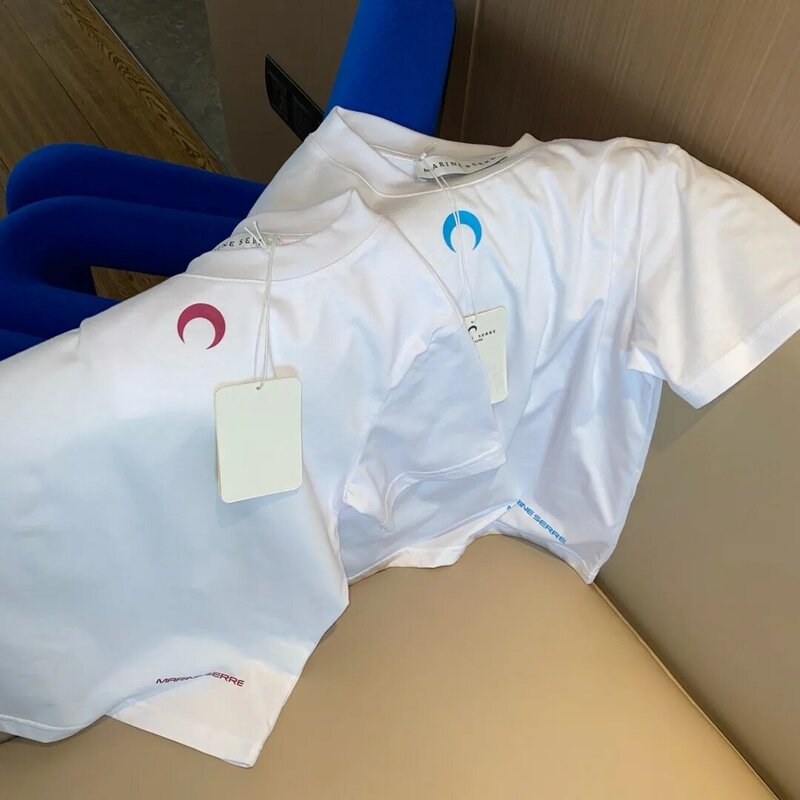 Camiseta de seda estampa lunar feminina, slim fit, gola redonda, manga curta, algodão, verão, novo produto, em estoque, 2022