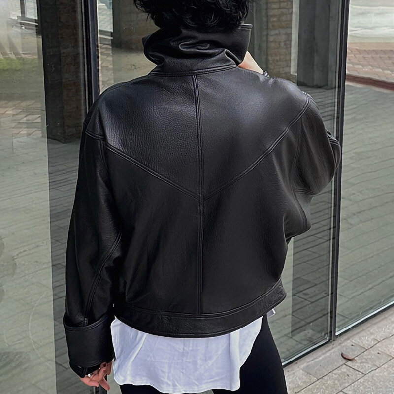 女性用シープスキンレザーのボンバージャケット,ターンダウンの襟,本物のラマスキンコート,tf5431,2023