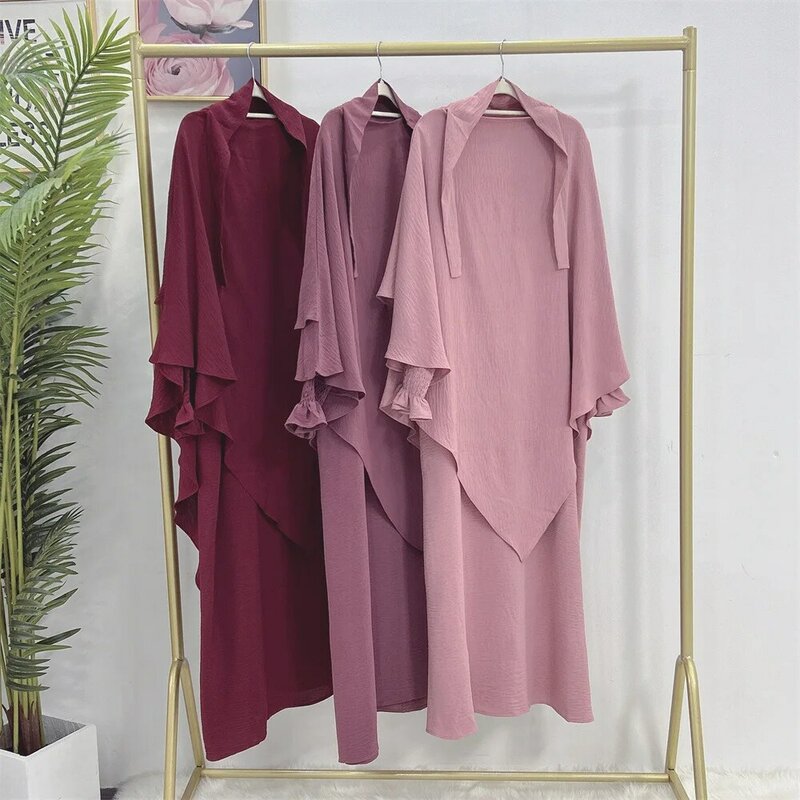 Khimar Abaya Set Crinkled Fabric Smocked Cuff Dress+Two Layer Hijab Scarf Prayer Clothes Islam Jilbabs for Women Ramadan Muslim