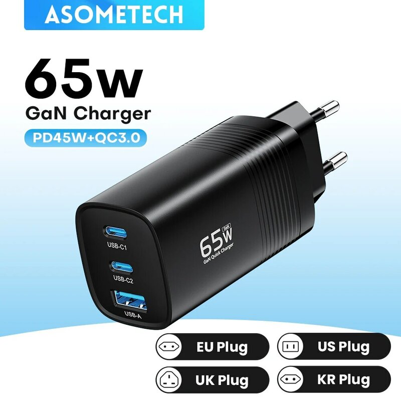 ASOMETECH-GaN USB tipo C carregador, 65W, 45W, PPS, PD, QC4.0, carregador rápido para Macbook Laptop, IPAD, Tablet, iPhone 14, Samsung S23 ultra