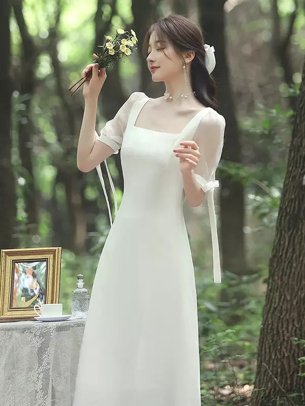 فستان أبيض فرنسي أنيق للنساء ، الزفاف ، السفر ، الحفلات ، الضوء ، الربيع والصيف