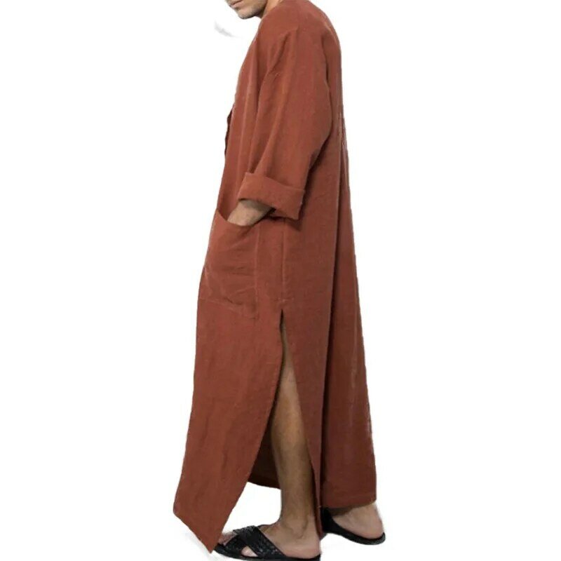 Muslim Men Long Sleeve Solid Color Pockets Robe Abaya Southeast Asia Dubai Turkey Ethnic Jubbe Thobe Male Abayas Arabic Kaftan