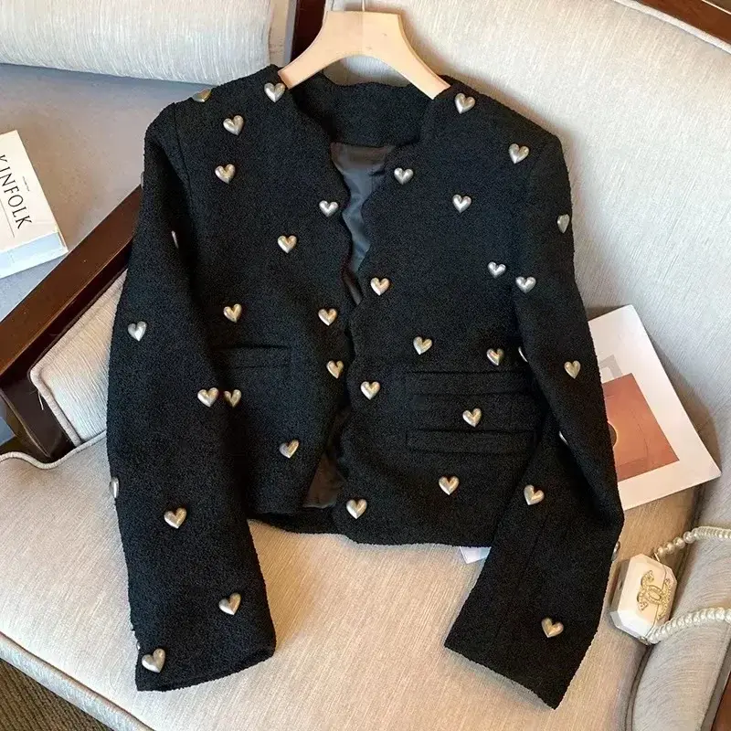 여성용 트위드 재킷, O넥 긴팔 울 코트, 가을 겨울 외투, 빈티지 한국 패션 브랜드, 2024 신상 디자이너