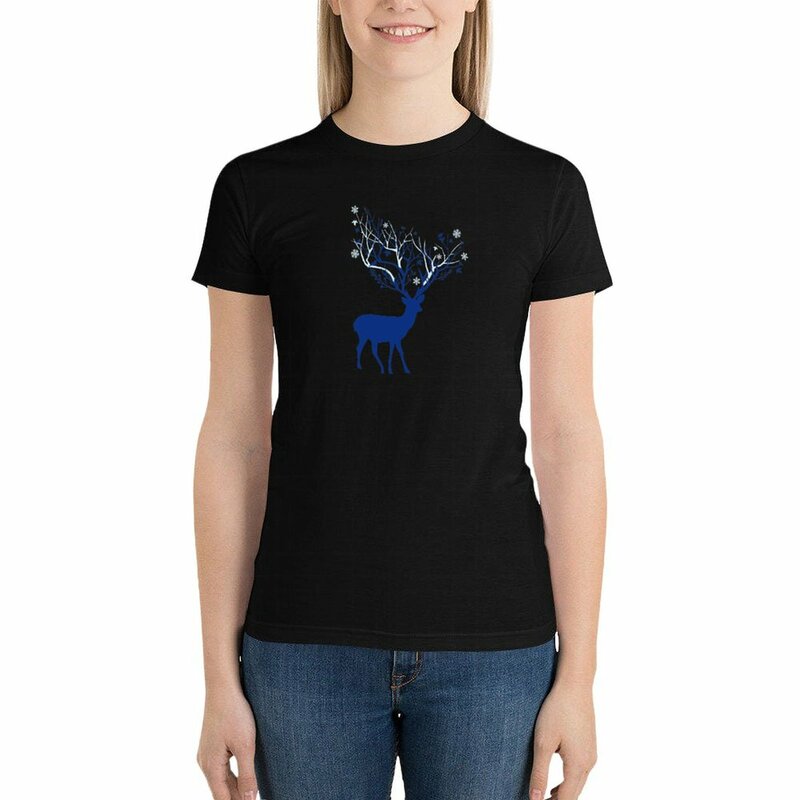 T-shirt imprimé cerf bleu pour femme, vêtements Kawaii, chemise à imprimé animal pour filles, chemisier blanc