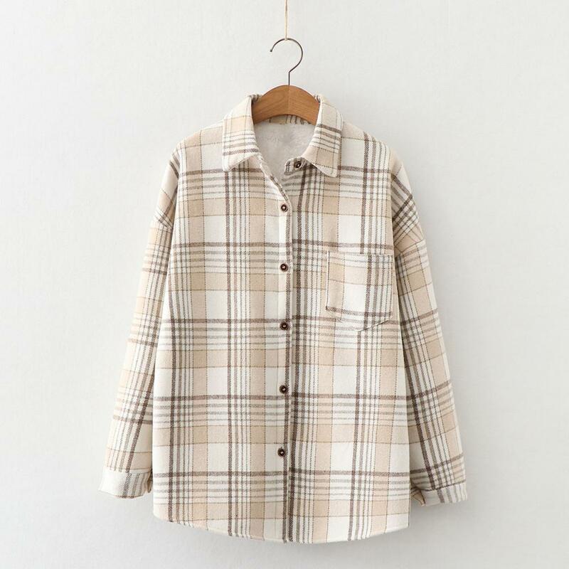 Woolen Cardigan Korean Fashion Plaid Print Plush Lining Women Shirt Coat Lapel Long Sleeves Patch Pocket Single Breasted Jacket