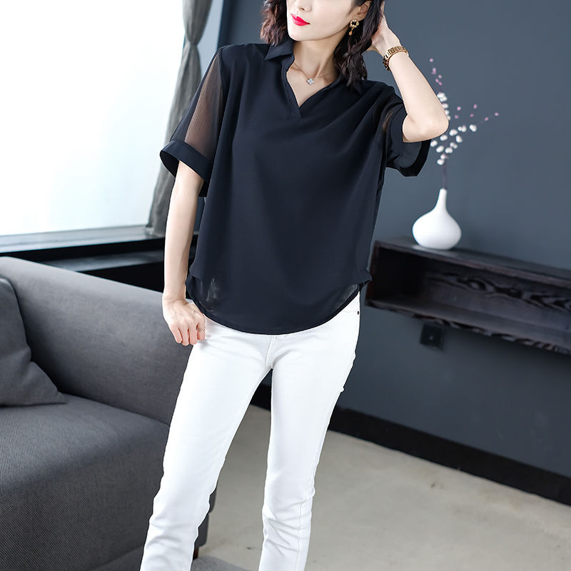 Summer New Black Loose All-match T Shirt Tops Short Sleeve Polo Neck Solid Color Vintage Blouse Fashion Casual Women Clothing