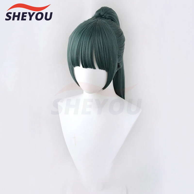 Anime Cosplay Maki Zenin parrucche coda di cavallo verde scuro parrucca Cosplay per capelli sintetici resistenti al calore + parrucca Cap + occhiali