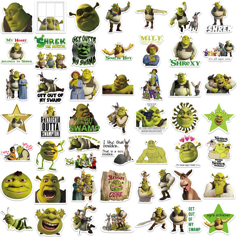Disney Cartoon Monster Shrek Anime Stickers Pack, Graffiti, Mala, Guitarra, Skate, Telefone, Geladeira, Crianças, Decalque, 10 Pcs, 50Pcs