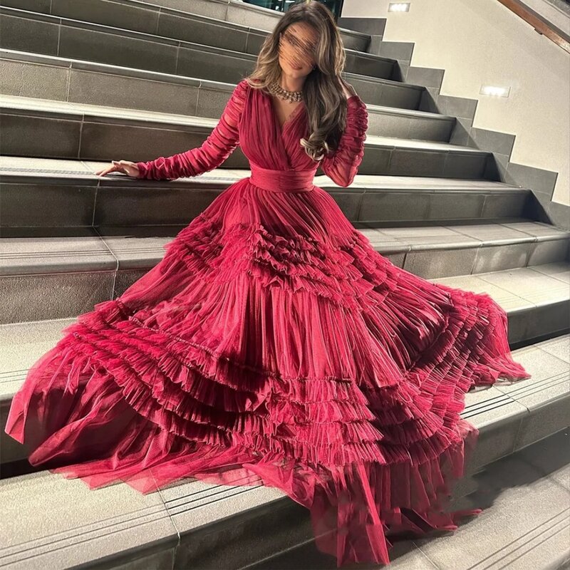 Elegant and high-quality V-neck A-line floor mopping evening dress formal dress pleated sheer ball dress luxurious dress