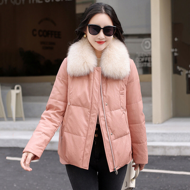새로운 여성용 핑크 가죽 다운 재킷 겨울 패션 따뜻한 진짜 여우 모피 칼라 느슨한 양가죽 다운 코트 스플릿 가죽 두꺼운 코트