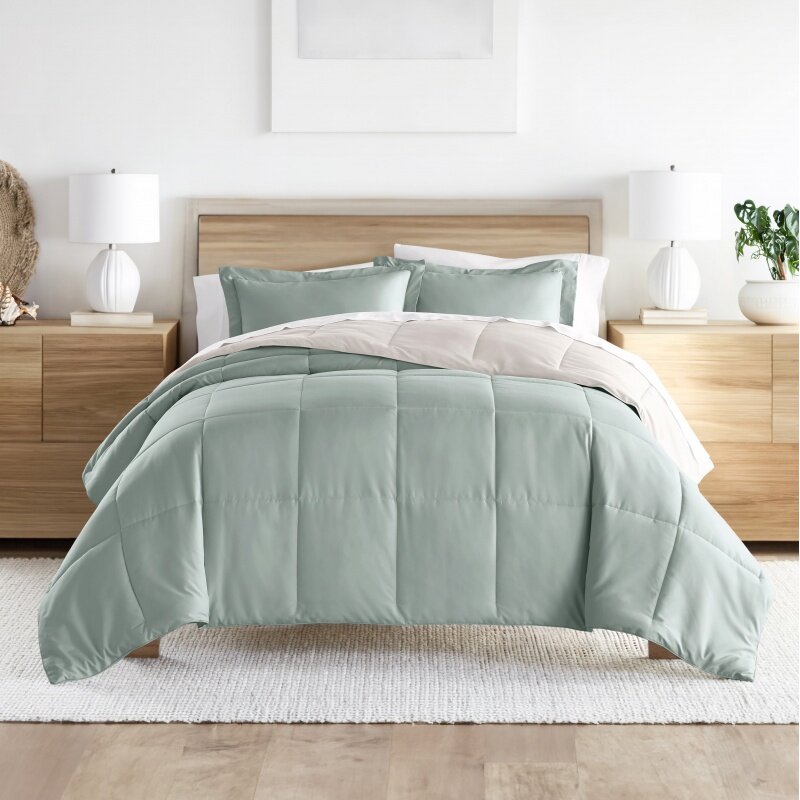 Noble Linens 3-Piece Eucalyptus & Natura Reversible Down Alternative Comforter Set, Full/Queen