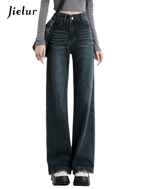 Jielur-Jeans de perna larga de cintura alta para mulheres, calça solta, streetwear vintage, monocromático, slim fit, estilo americano, moda verão, nova