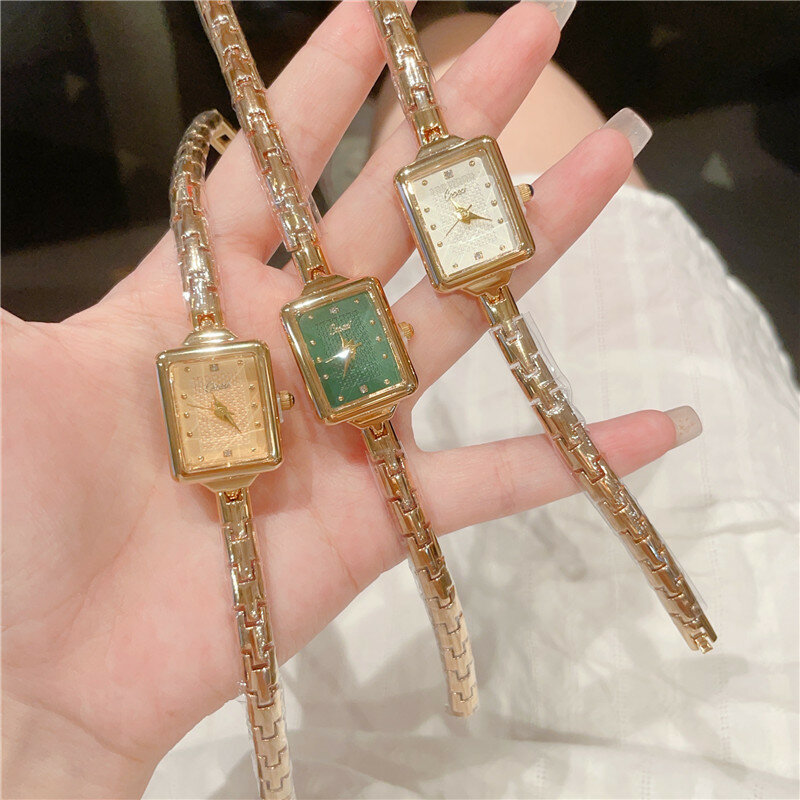 Cacaxi-Relógio quartzo retangular feminino, bracelete de luxo, ouro vintage pequeno