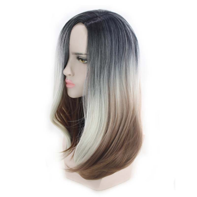 Natural Long Wavy Synthetic Heat Wig Resistant Ombre Silver Wigs Hair Girls Cosplay Party Costume