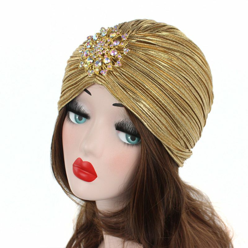 Chapéu turbante indiano feminino para envoltório cabeça plissado macio veludo cabelo hijab boné com broche joias