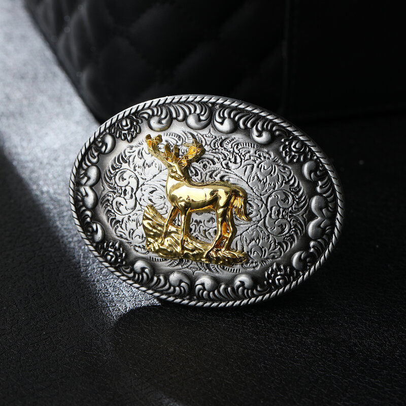 Western Belt Buckle for Men Gold TEXAS G Deer Worship Silver Oval Carved Embossed American Personality Vintage Men's Belt Buckle