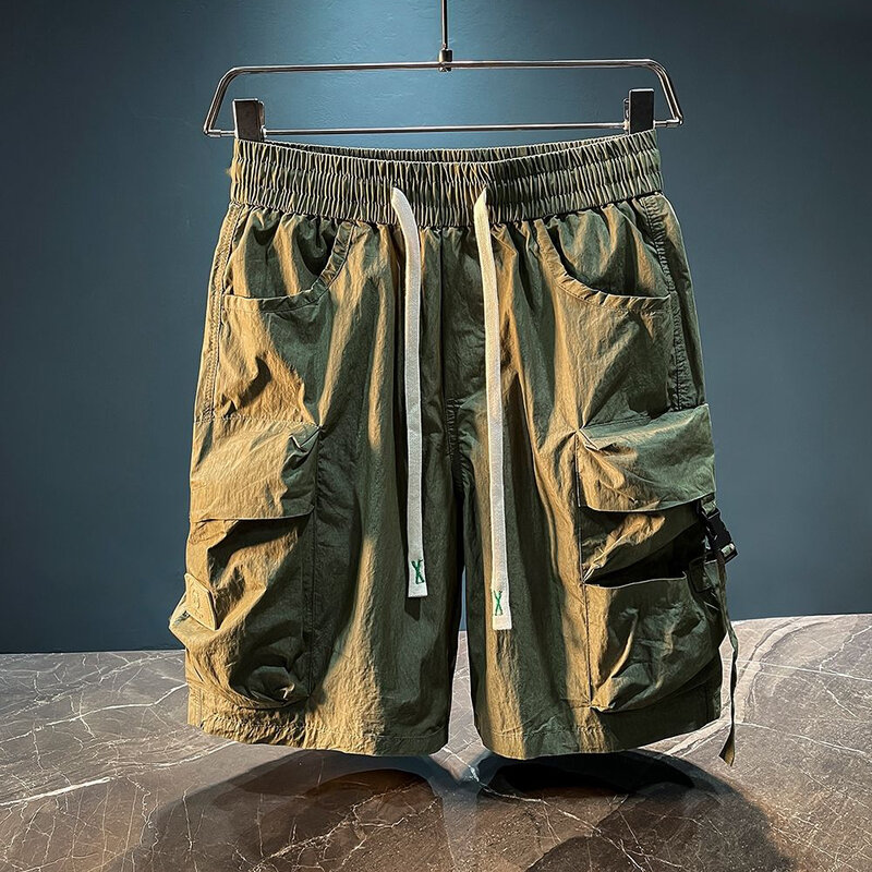 Pantalones cortos de verano para hombre, ropa informal de cinco puntos, con cordón, cintura elástica, rectos