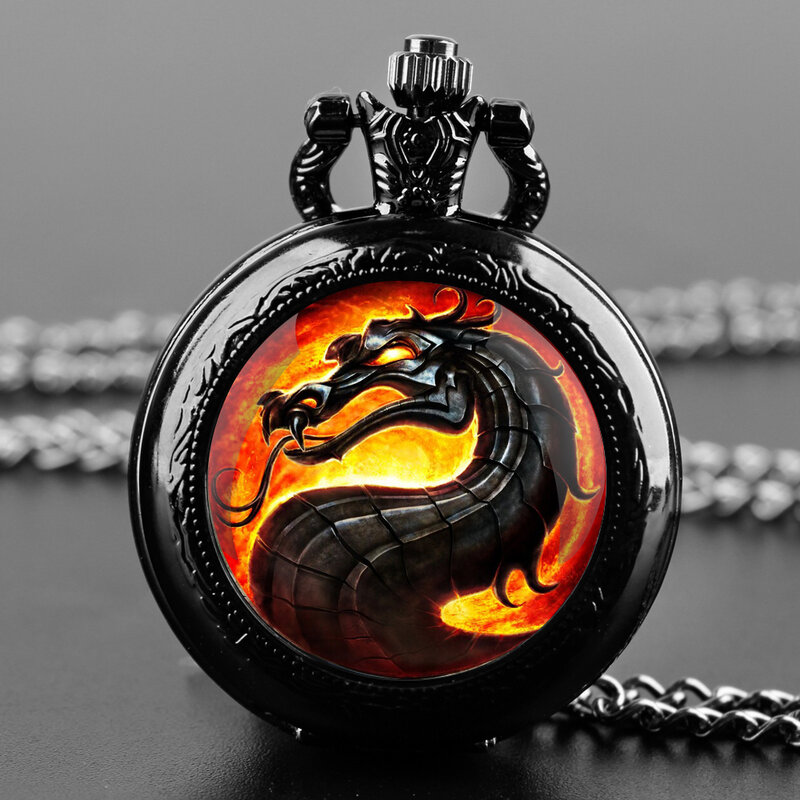 Mysterio Dragon Glass Dome Quartz Pocket Watch para homens e mulheres, colar de pingente vintage, corrente charme relógio, jóias presentes, clássico