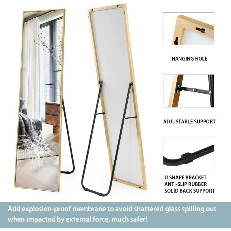 Large Rectangle Full Length Floor Mirror Wall-Mounted for Living Room, Aluminum Alloy Thin Frame, 59"x16", Gold