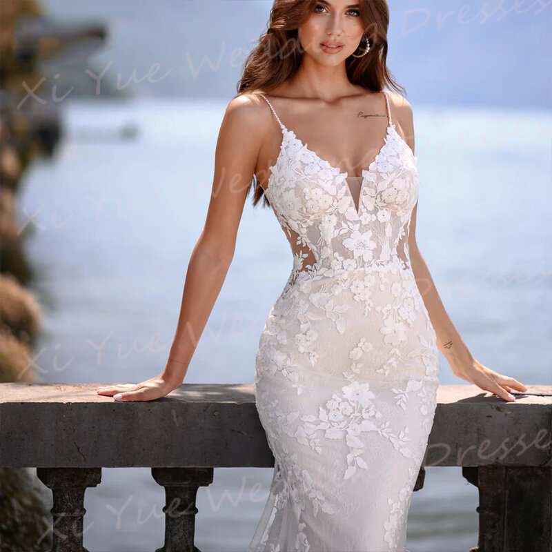 Exquisite Elegant V-Neck Wedding Dresses Lace Appliques Backless Mermaid Bride Gowns Spaghetti Straps Sleeveless Floor-Length