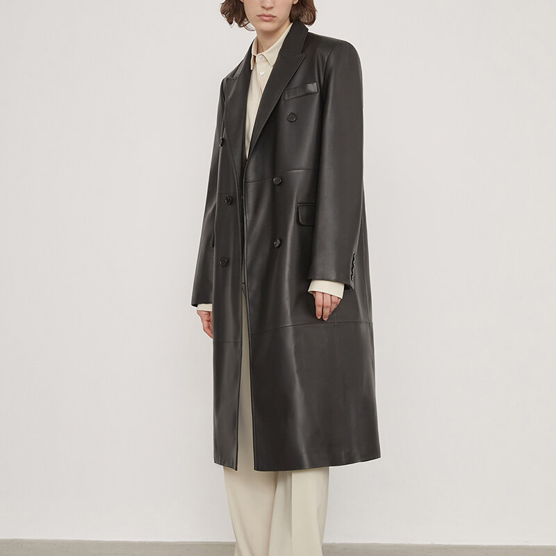 Женское пальто из натуральной овечьей шкуры, осенняя длинная двубортная куртка цвета хаки с пиковым отложным воротником