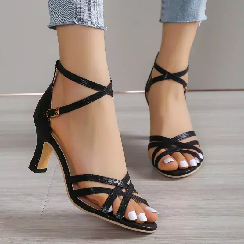 New Style Solid Color Sandal 2024 Fashion Women High Heels Casual One-word Buckle Fish Mouth Sandals Women's Women Shoes