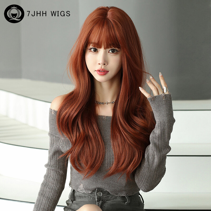 Wig 7JHH, Wig berlapis sintetis bergelombang oranye untuk penggunaan sehari-hari wanita, Wig rambut tembaga panjang longgar dengan poni ramah pemula