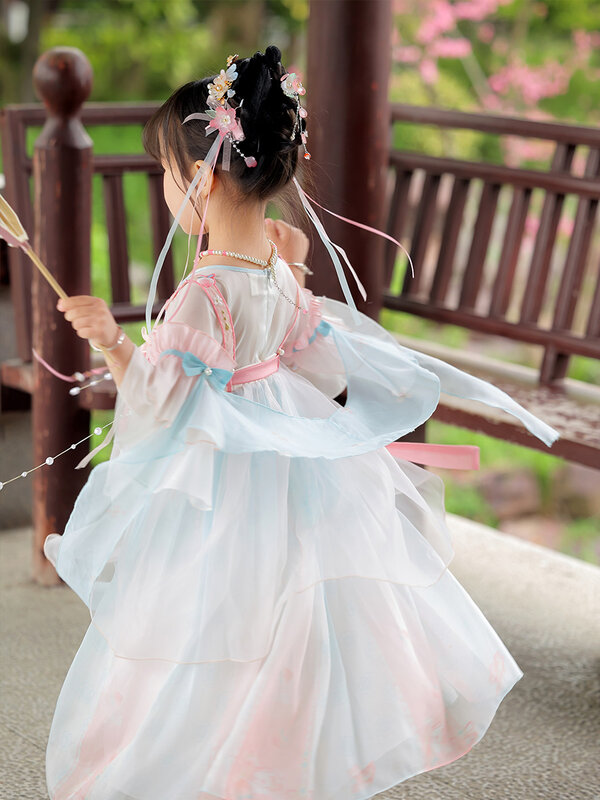 Новинка 2024, платье для девочки Hanfu с высокой грудью, оригинальный костюм в старинном стиле, Летнее Детское сказочное платье в китайском стиле