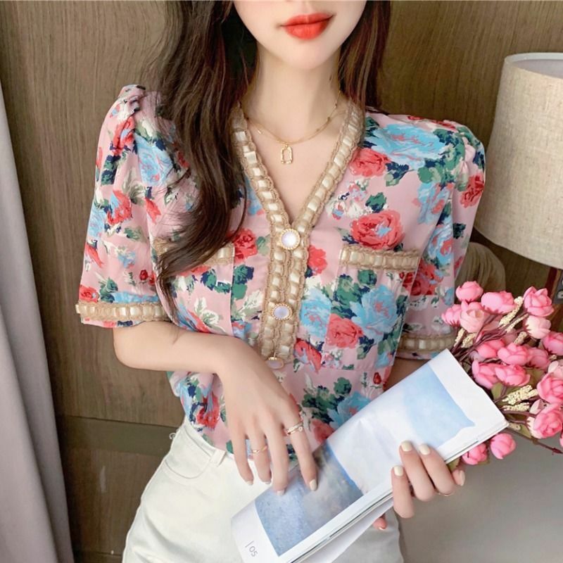 Verão chiffon camiseta 2022 nova feminina manga curta floral topo senhoras doce v-neck impressão blusas camisas