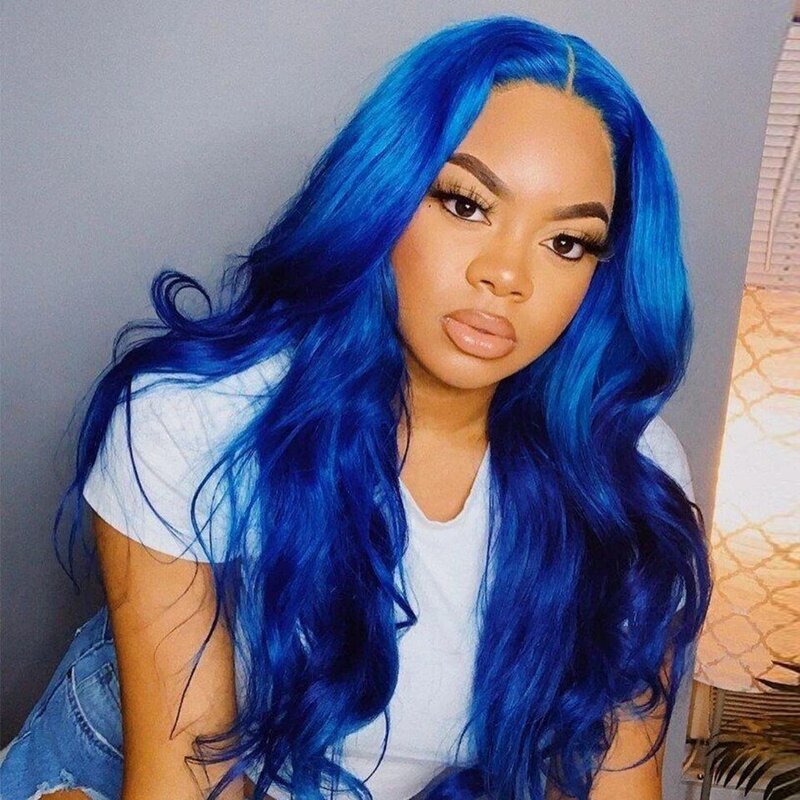Glueless Lace Front Wig Human Hair Brazilian Ombre Blue Color Body Wave Lace Closure Wig for Women 13x4 HD Transparent Lace Wigs