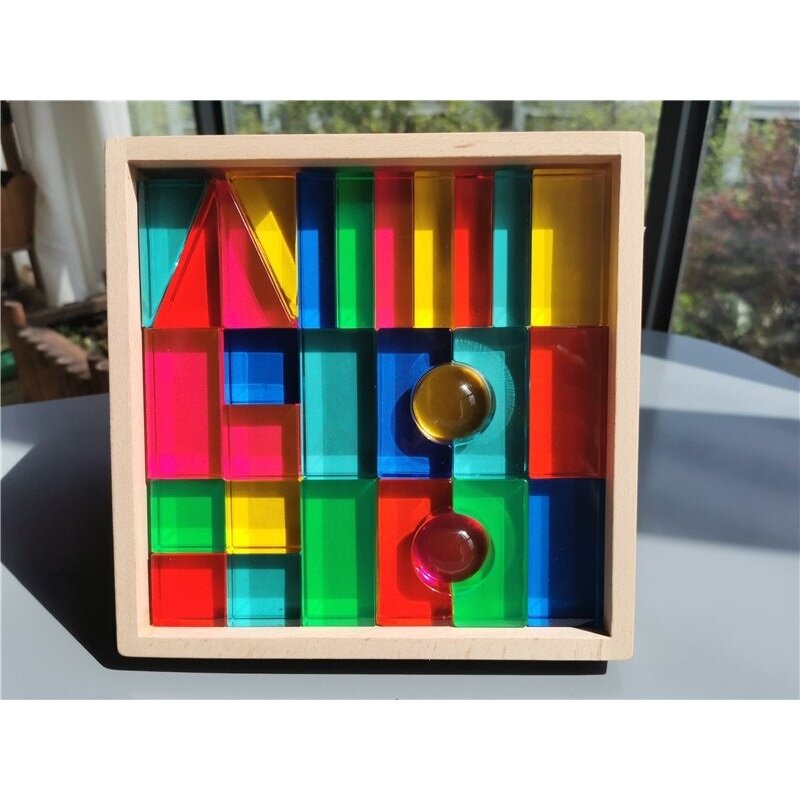 เด็กสายรุ้ง Lucite อะคริลิค Cube ซ้อนบล็อกเรขาคณิตสูงโปร่งใสสามเหลี่ยมรูปสี่เหลี่ยมผืนผ้าของเล่น