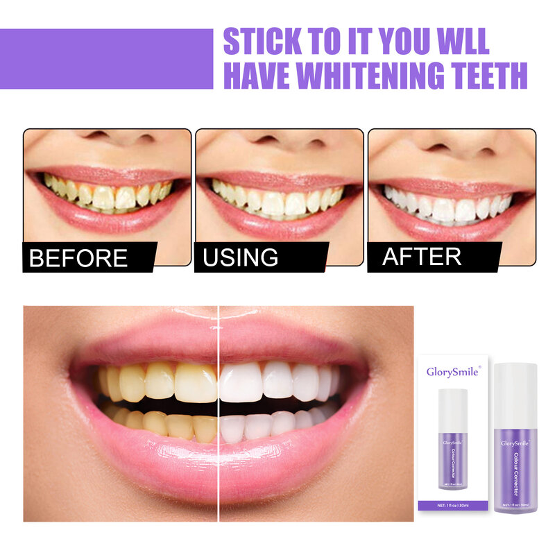 GlorySmile-pasta de dientes para eliminar manchas de placa, Corrector de Color morado V34, blanqueamiento Dental