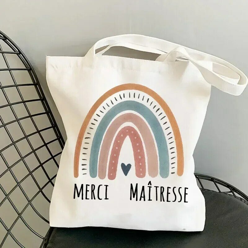 กระเป๋าช้อปปิ้งผ้าใบสำหรับผู้หญิงลายกระเป๋าสะพายไหล่ครู Merci สไตล์ฝรั่งเศสสำหรับ HLTN03