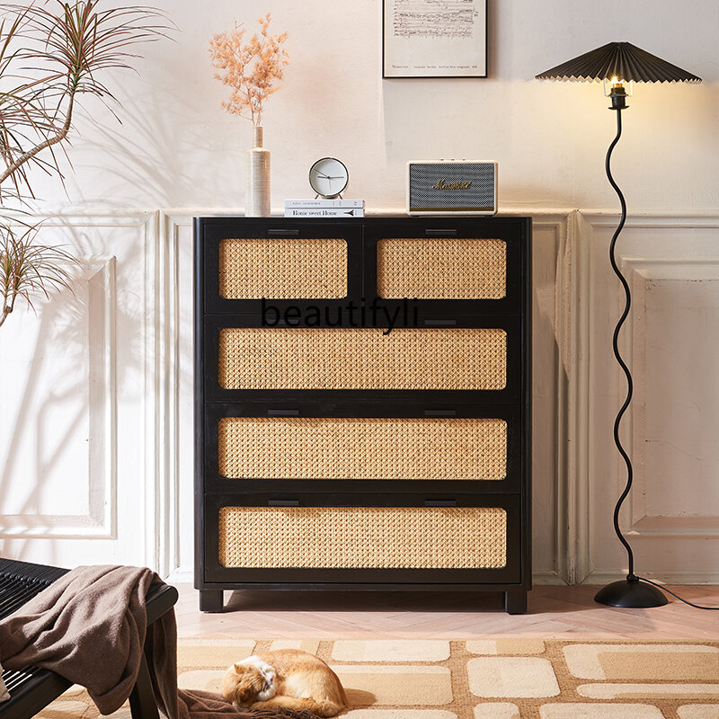Nordic Solid Wood Storage Cabinet Simple Modern Rattan Sideboard Cabinet B & B Home Entrance Cabinet