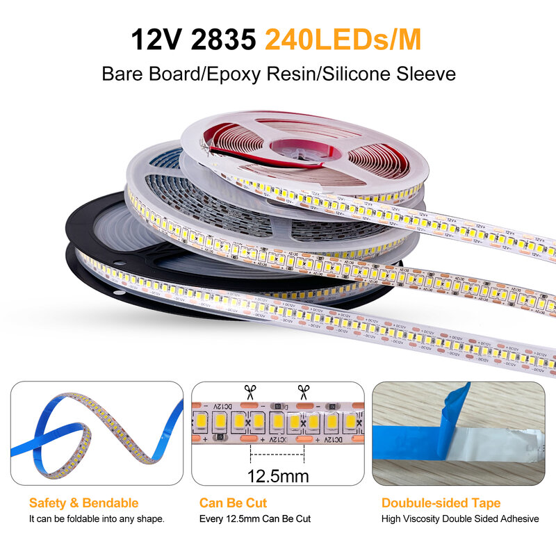 Bande lumineuse LED flexible, 5m, 1200 gible, DC 12V 24V 2835 SMD 240 gible/m, étanche IP30 IP65 IP67, blanc chaud