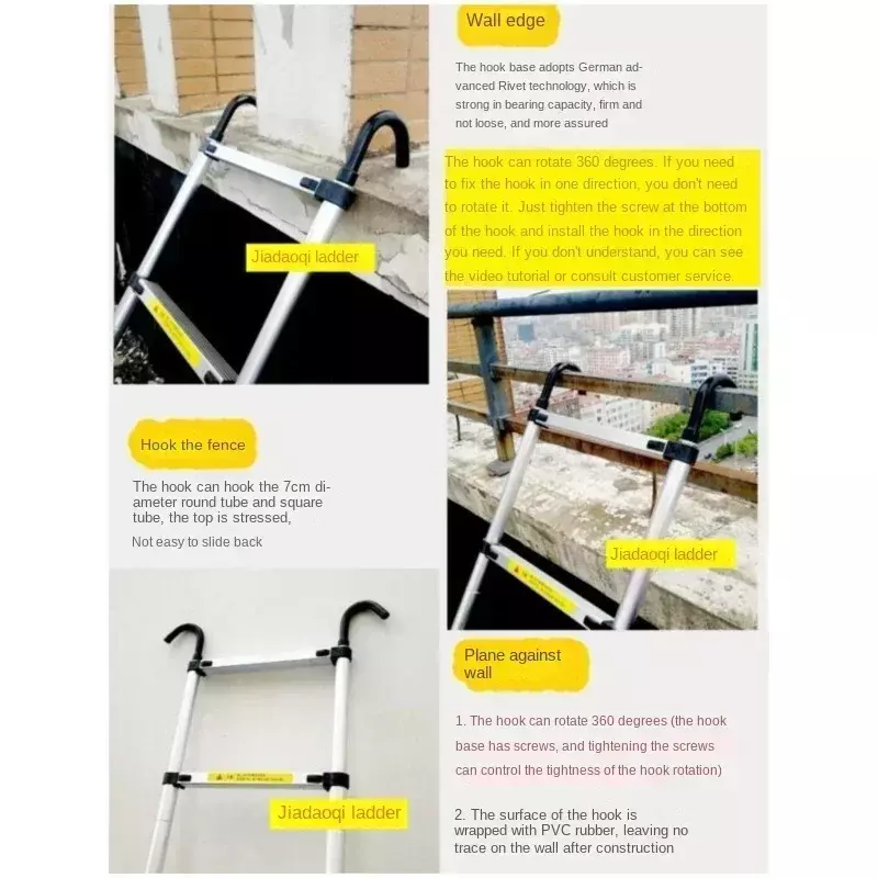 Liga de alumínio portátil única escada, telescópico doméstico dobrável, levantamento Pedal gancho, interior e exterior, 1.5m, 1.9m