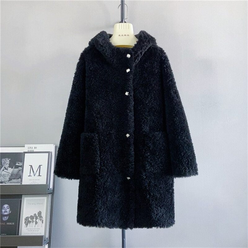 カバーボタン付きの女性の羊のきらびやかなコート、ルーズフード付きコート、厚くて暖かい、pt427、秋と冬、新しい