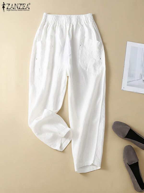 ZANZEA-Calças largas de perna larga feminina, cintura elástica, monocromática, calças compridas, roupa de rua, verão, 2022