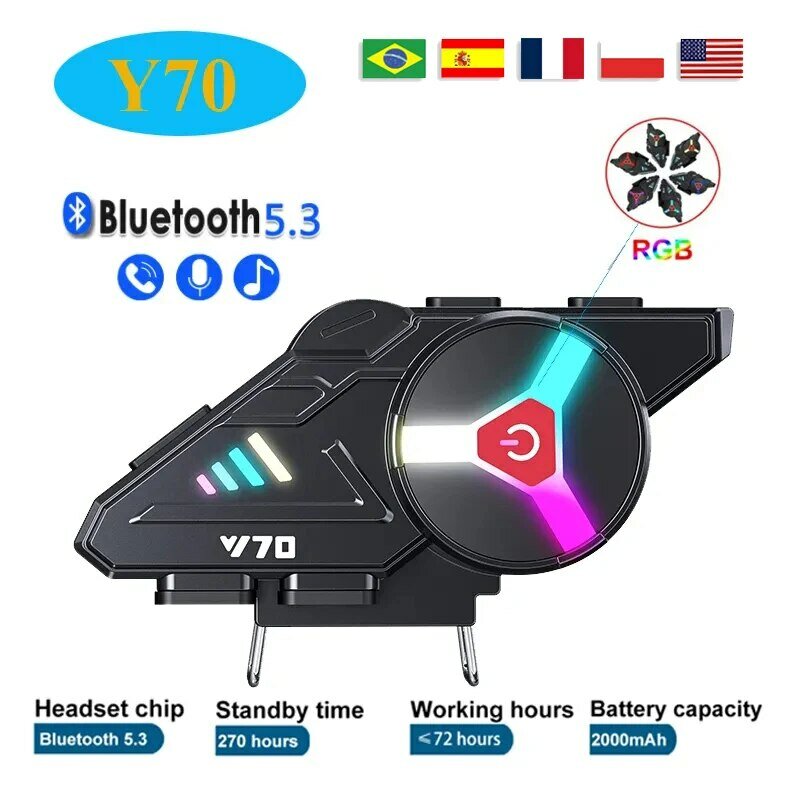 Y70 Zestaw słuchawkowy do kasku motocyklowego Bluetooth V5.3 Kolorowe światła RGB Słuchawki IPX6 Wodoodporne wsparcie Łączenie 2 telefony Ten sam czas